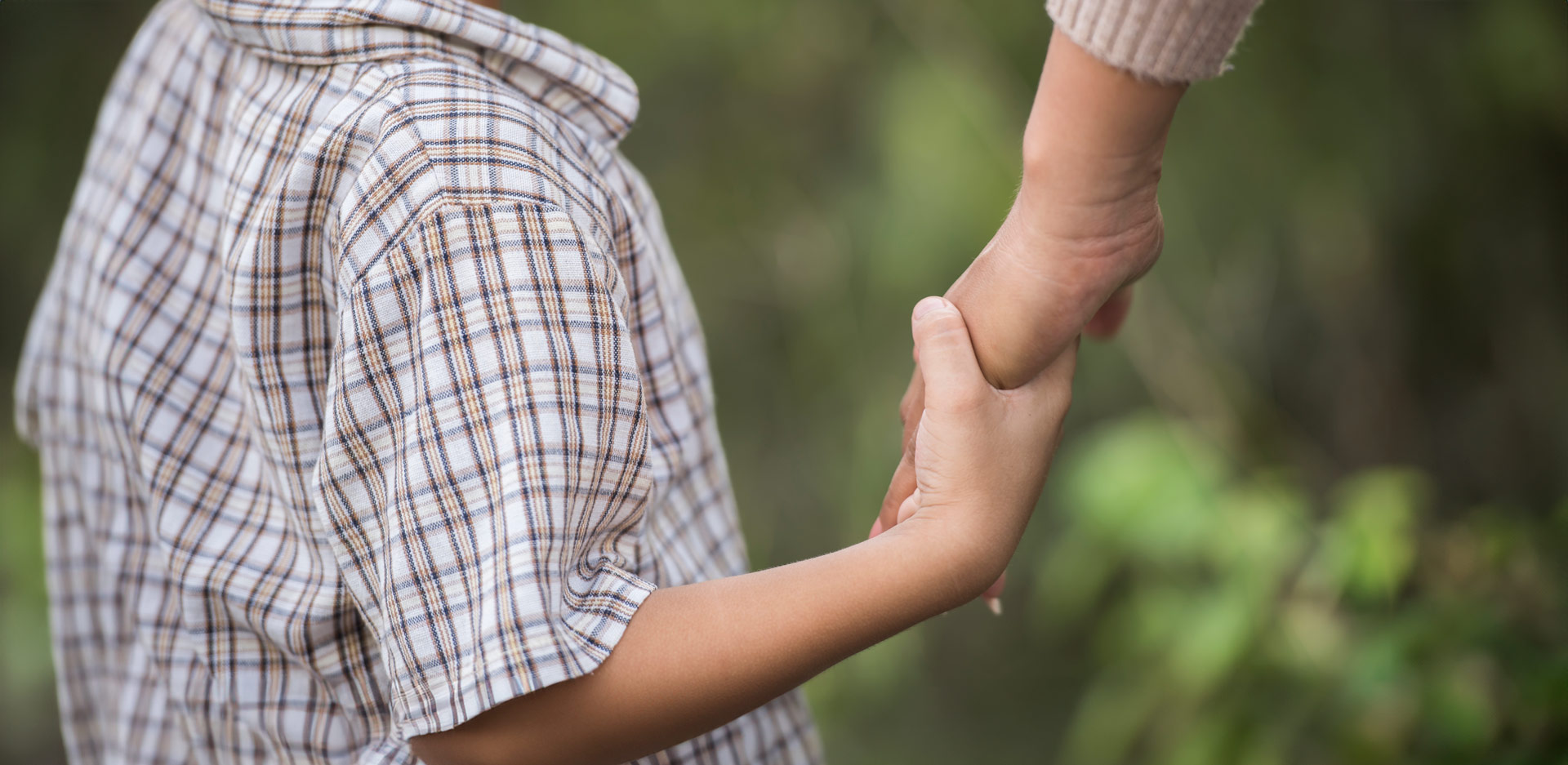 Ein Kind in einem karierten Hemd hält die Hand eines Erwachsenen vor unscharfem Grünhintergrund.