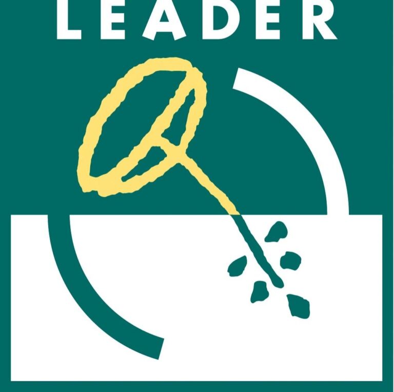 Auf einem türkisgrünen Hintergrund steht oben in großen weißen Großbuchstaben das Wort LEADER; darunter eine gelbe, handschriftlich wirkende Schleife und ein kurzer weißer gebogener Strich.