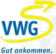 Logo der VWG mit blauen Großbuchstaben "VWG", einem gelben, geschwungenen Pfeil darüber und dem Slogan „Gut ankommen.“ darunter