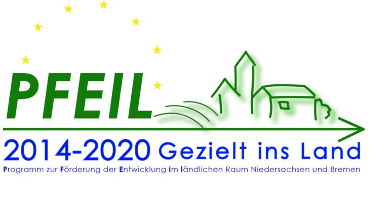 Logo mit großem grünen Schriftzug PFEIL, darunter in Blau „2014–2020 Gezielt ins Land“ und kleinerer Hinweistext zum Förderprogramm für den ländlichen Raum Niedersachsen und Bremen; links oben mehrere gelbe Sterne und rechts eine grüne Linienzeichnung einer Dorf‑Silhouette, die in einen Pfeil nach rechts übergeht.