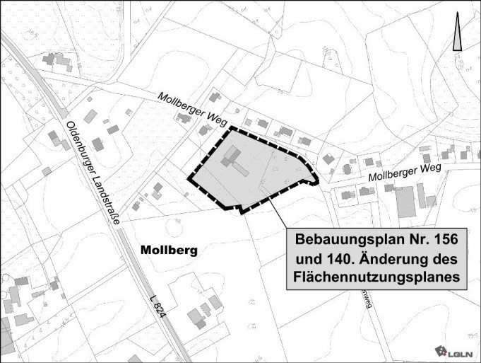 Schwarz-weiße Lagekarte von Mollberg mit einer schraffierten, dick schwarz umrandeten Parzelle entlang des Mollberger Wegs, beschriftet als „Bebauungsplan Nr. 156 und 140. Änderung des Flächennutzungsplanes“, angrenzender Oldenburger Landstraße (L824), Gebäudesymbolen, Nordpfeil und LGLN-Logo.