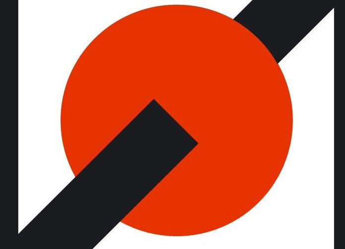 Abstraktes Grafikmotiv mit großem roten Kreis vor weißem Hintergrund, von einem breiten schwarzen Balken diagonal von unten links nach oben rechts durchzogen und schwarzen Rändern an den Seiten.